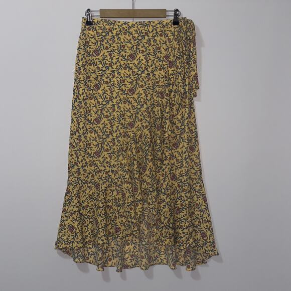 Max Studio Floral Wrap Midi Skirt Yellow Ruffle Hem Tie Waist | Size Medium - Picture 1 of 8